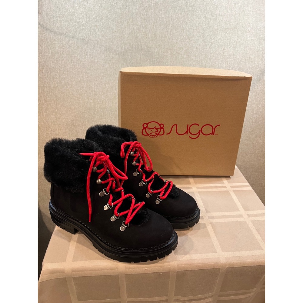 Sugar SGR-Rolls Womens 8.5 Black Faux Fur Hiking Boots Red Laces Lug Sole